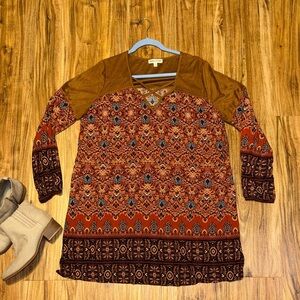 Tassels N Lace women’s large 12 14 dress mini Long Sleeve Boho suede orange tan